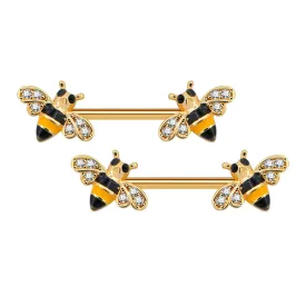 14G Crystal CZ Golden Honeybee Nipple Barbell Jewelry