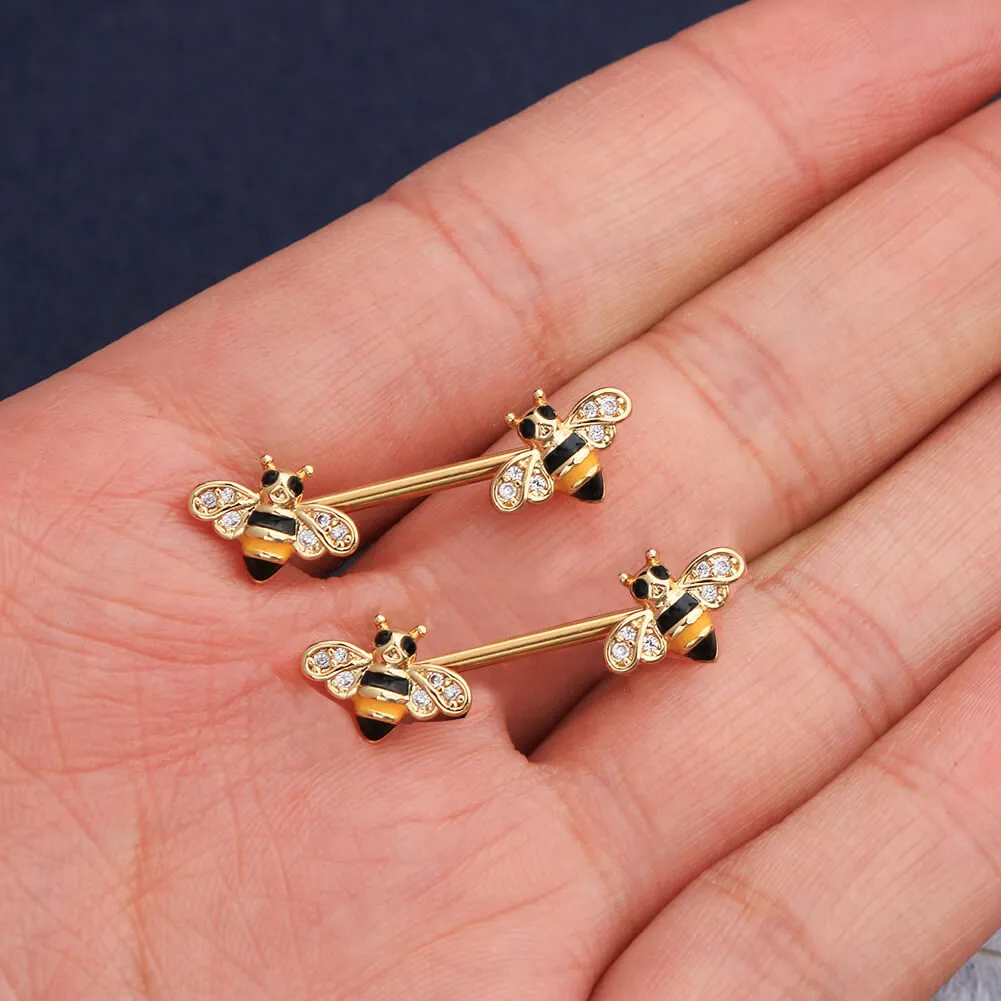 14G Crystal CZ Golden Honeybee Nipple Barbell Jewelry