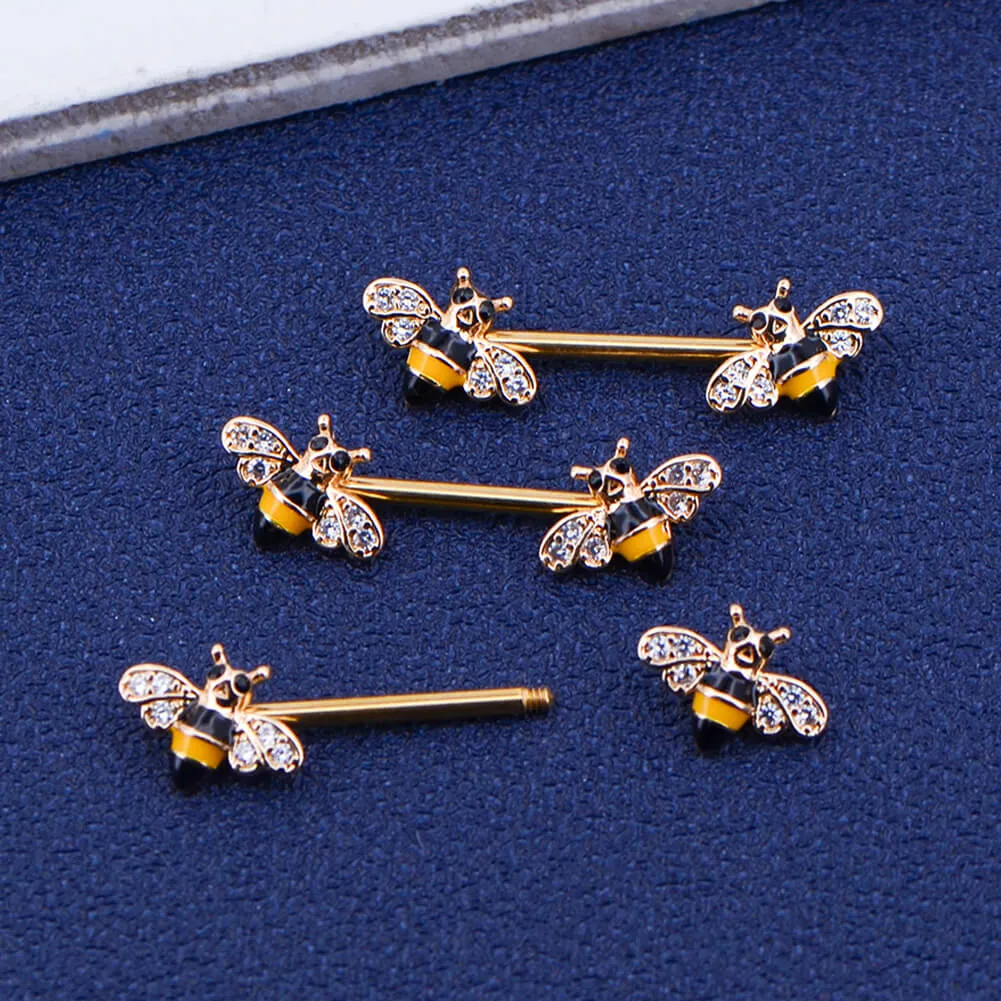 14G Crystal CZ Golden Honeybee Nipple Barbell Jewelry