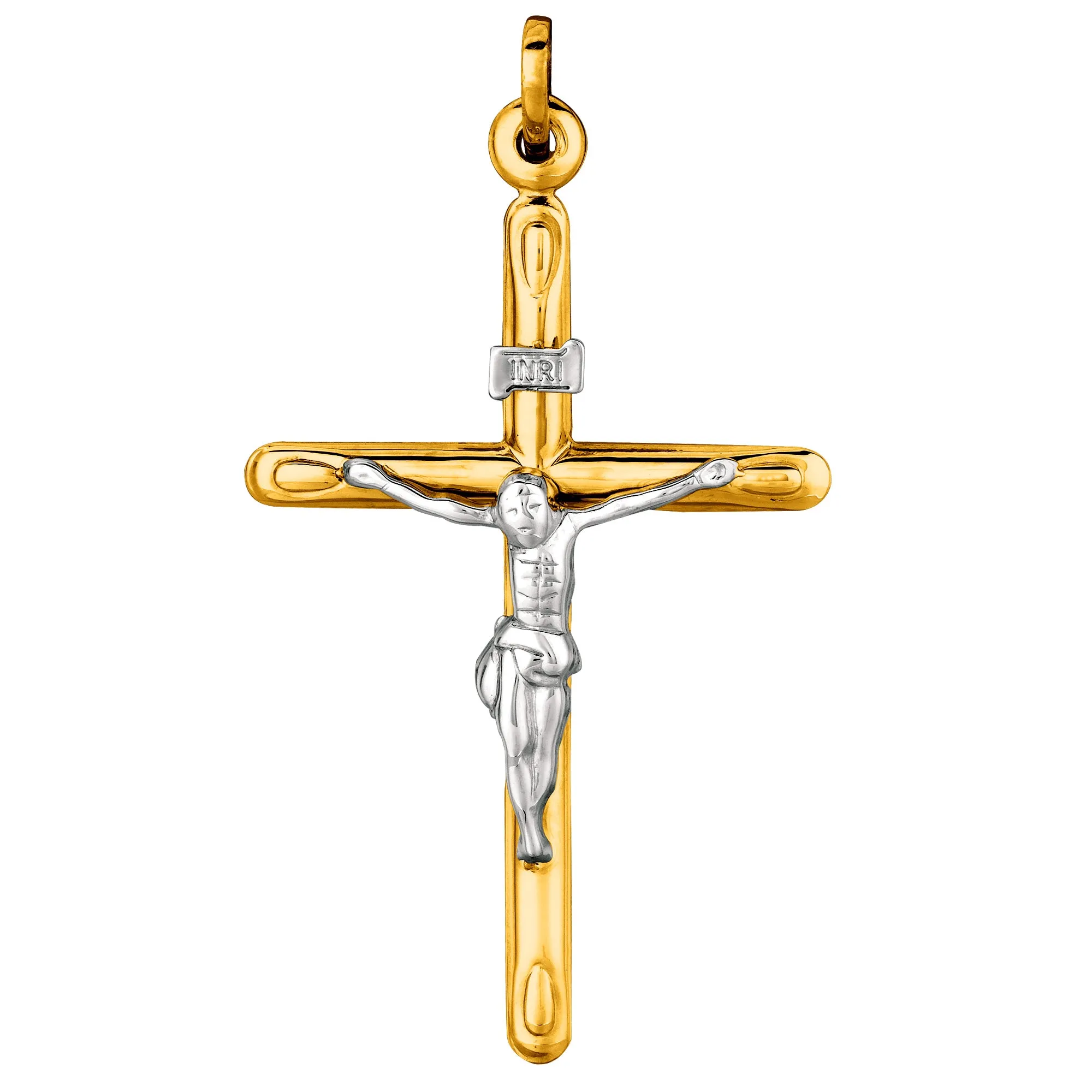 14k 2 Tone Gold Round Tube Crucifix Pendant