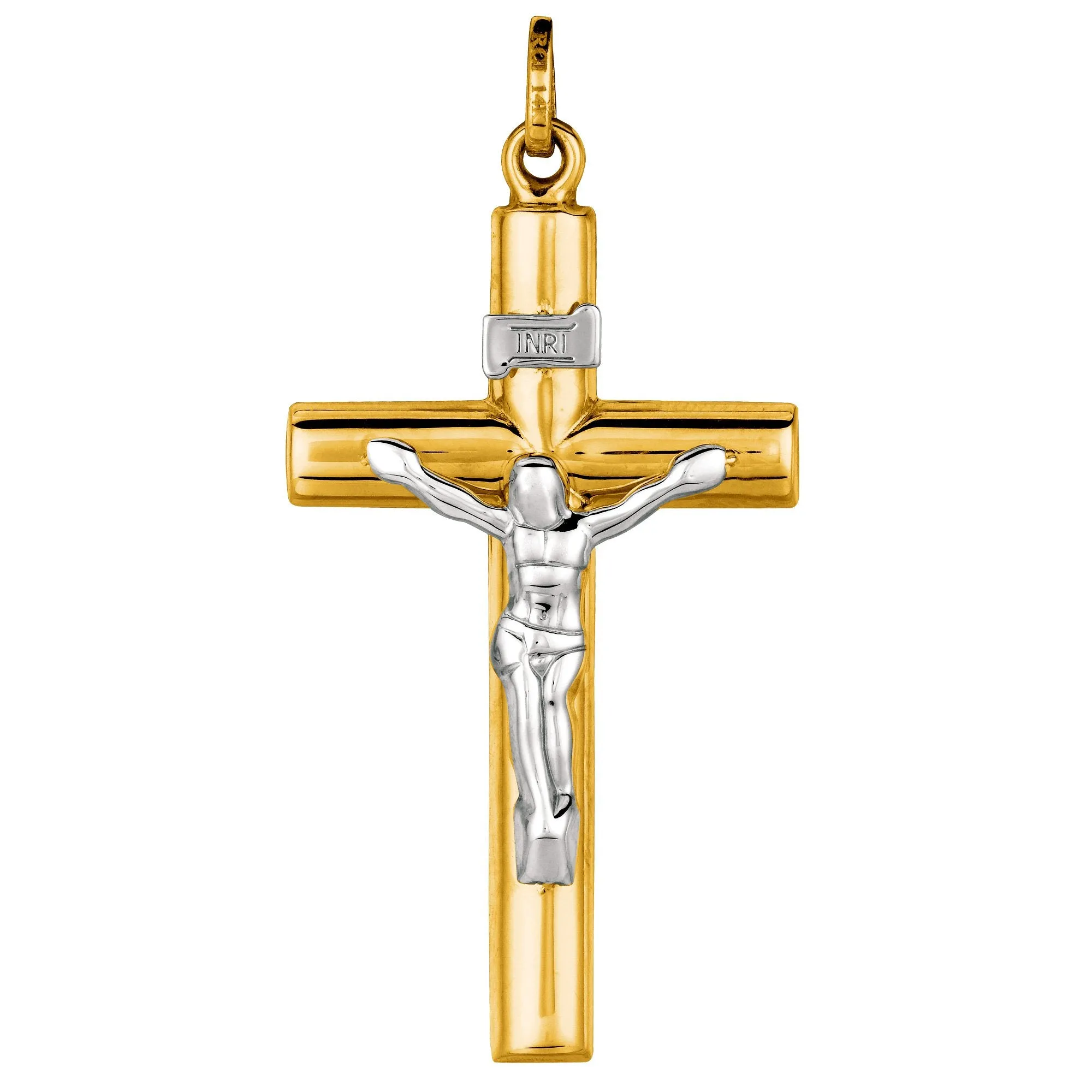 14k 2 Tone Gold Round Tube Crucifix Pendant