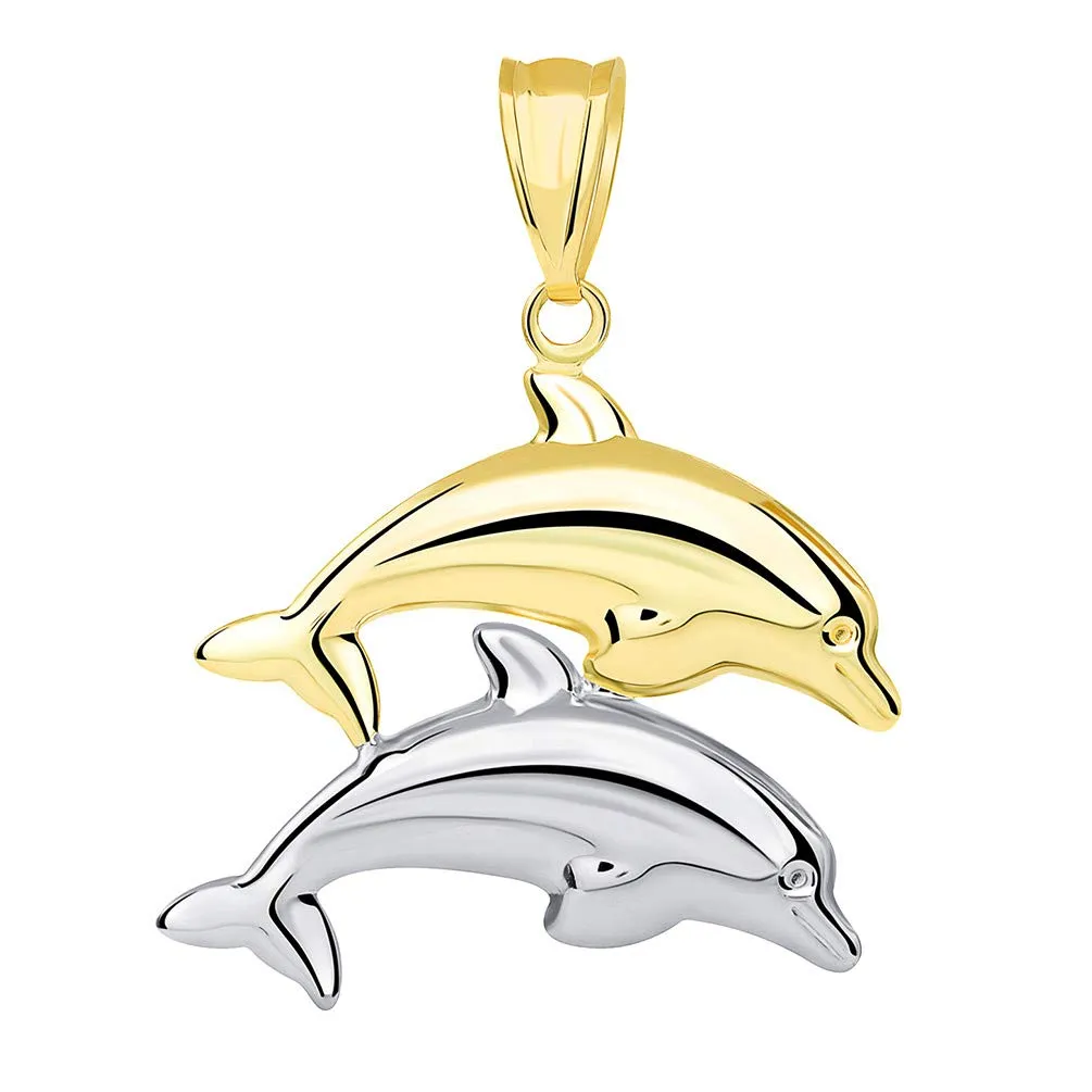 14k Two Tone Gold 3D Dolphins Jumping Pendant Necklace - Yellow and White Gold