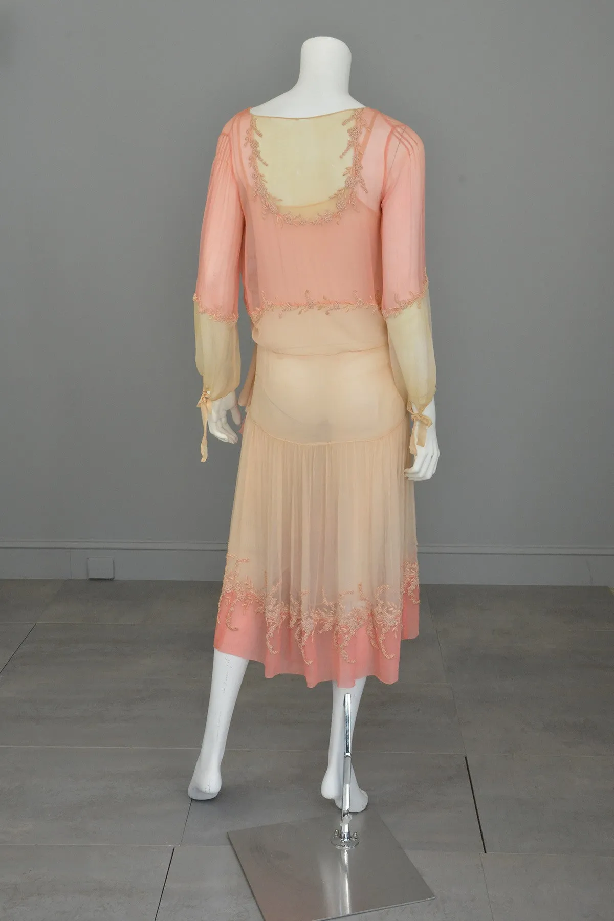 1920s Pink Cream Silk Chiffon French Knots Embroidered Peasant Dress/Restoration piece