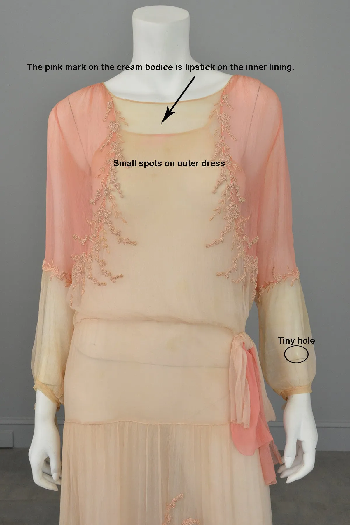 1920s Pink Cream Silk Chiffon French Knots Embroidered Peasant Dress/Restoration piece