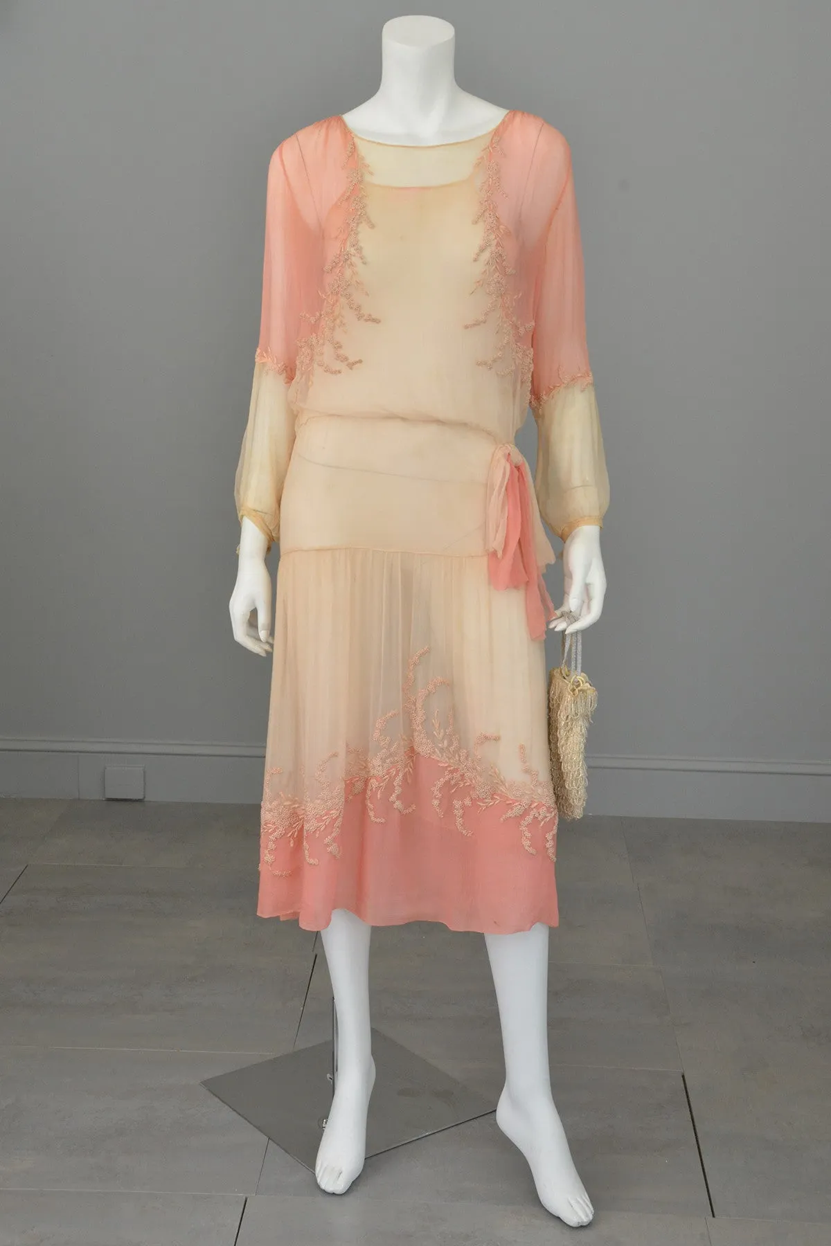 1920s Pink Cream Silk Chiffon French Knots Embroidered Peasant Dress/Restoration piece