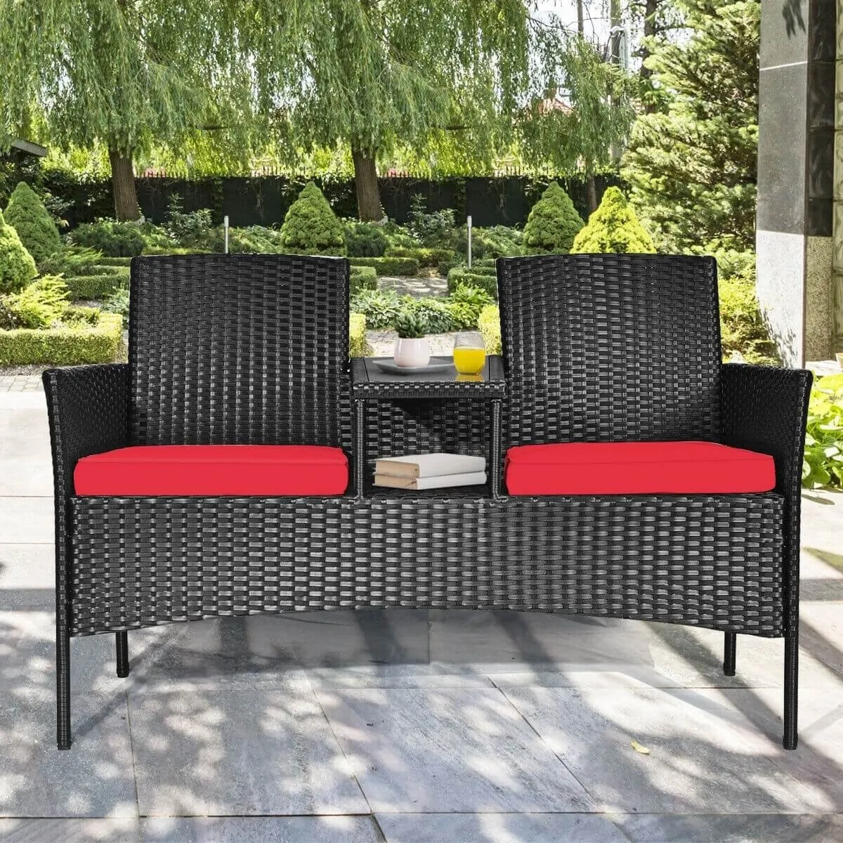 2-Person Wicker Rattan Patio Conversation Furniture Set - Red