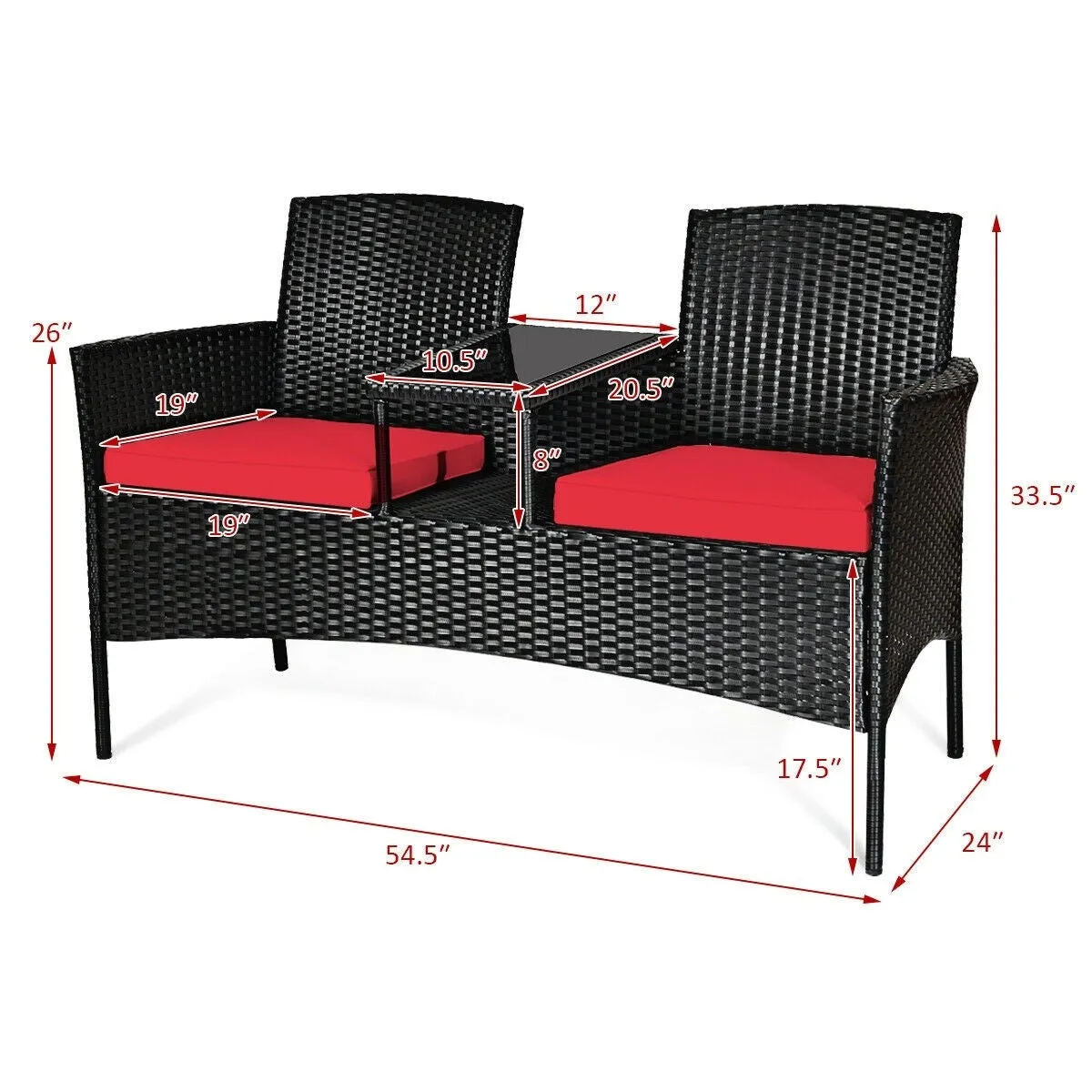 2-Person Wicker Rattan Patio Conversation Furniture Set - Red