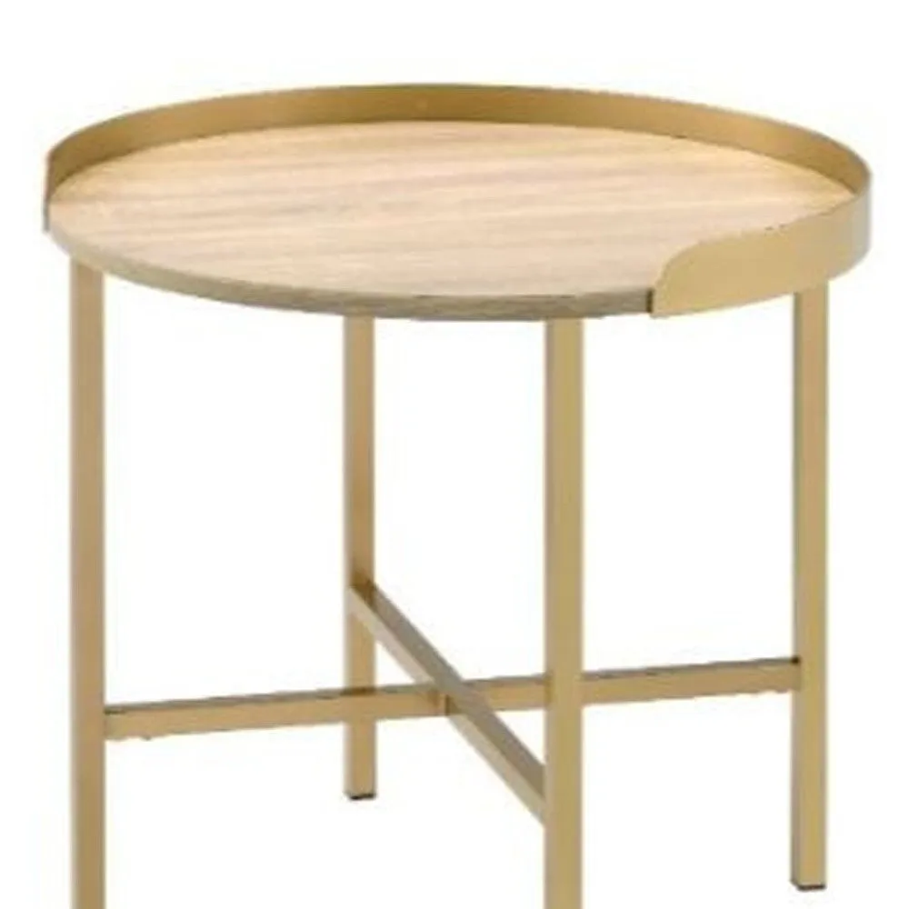 22" Gold And Oak Manufactured Wood And Metal Round End Table By Homeroots