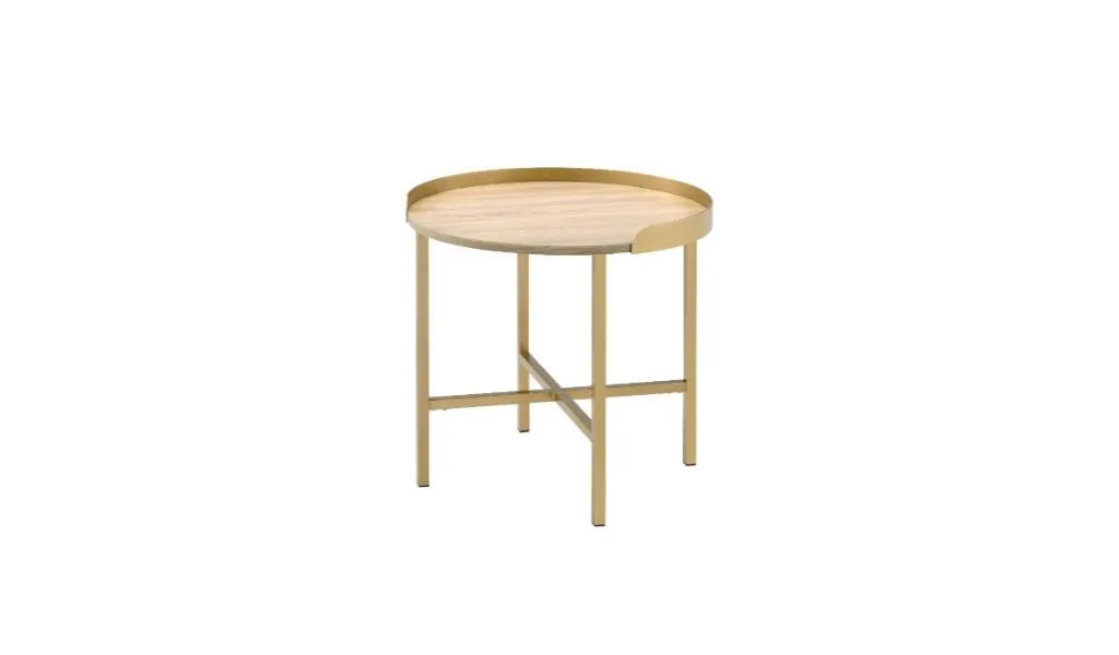 22" Gold And Oak Manufactured Wood And Metal Round End Table By Homeroots