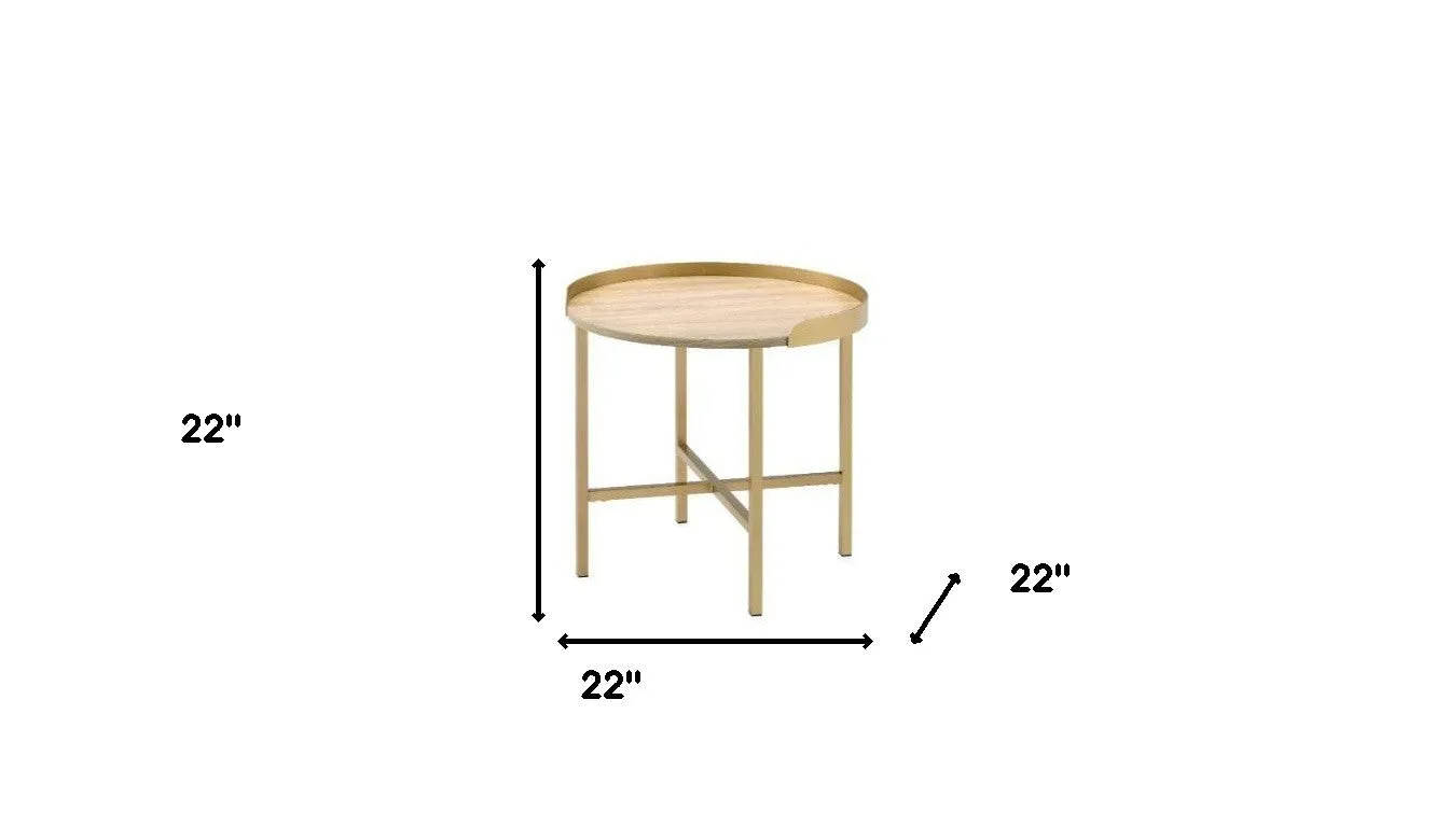 22" Gold And Oak Manufactured Wood And Metal Round End Table By Homeroots