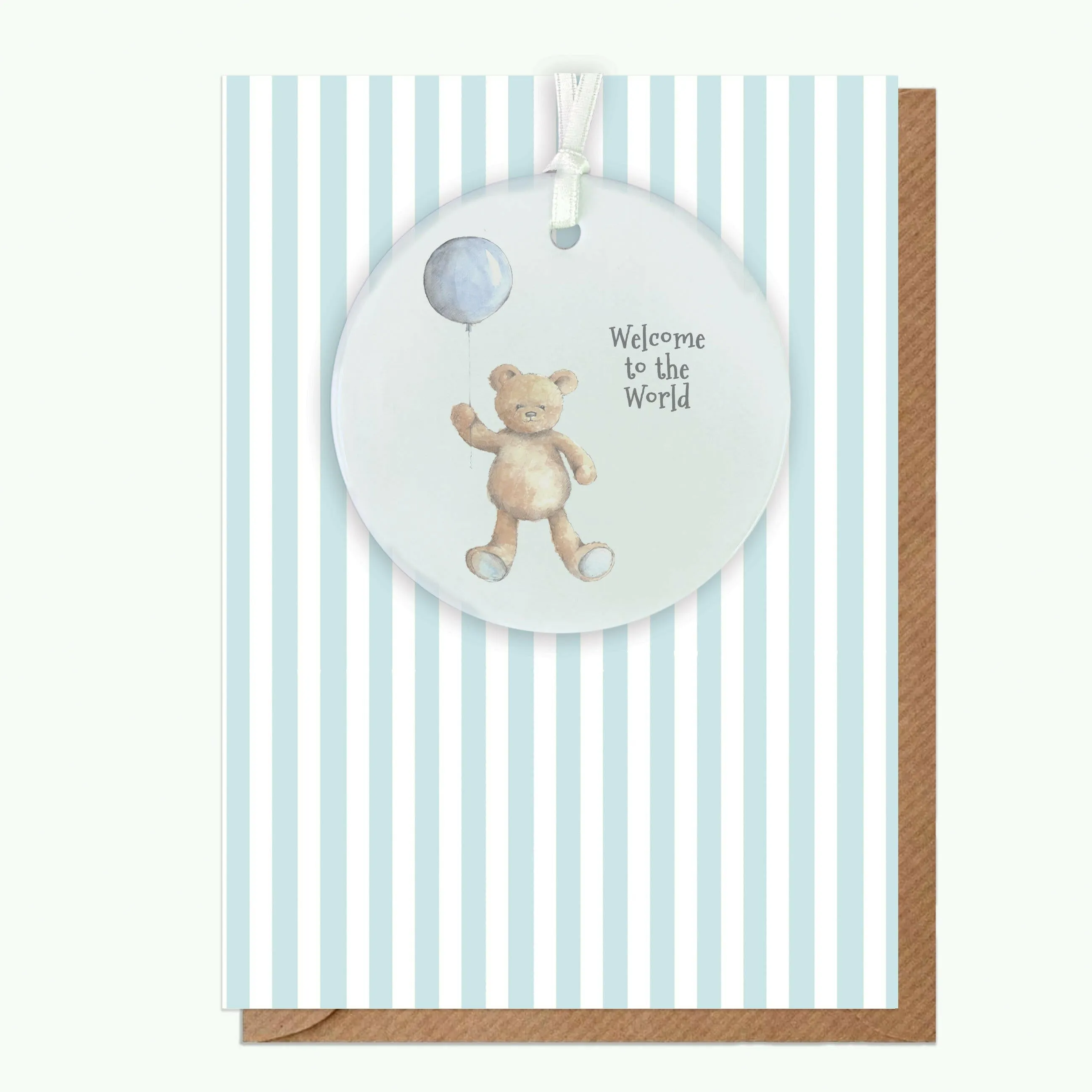 A6 Greeting Card with Ceramic Keepsake - Baby Boy Teddy and Balloon