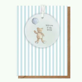 A6 Greeting Card with Ceramic Keepsake - Baby Boy Teddy and Balloon