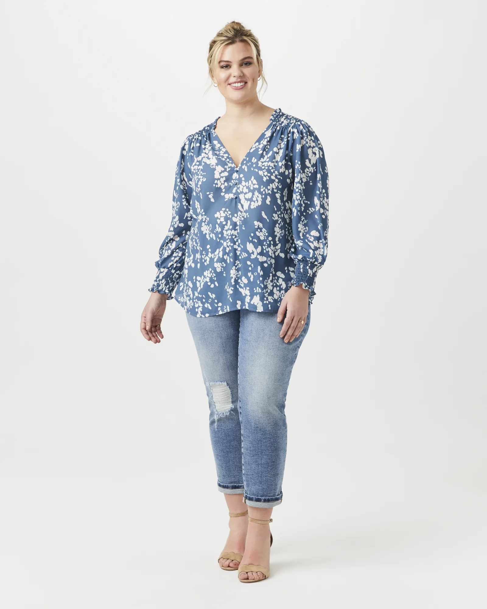 Adaline V-Neck Blouse | Azure Blue / White