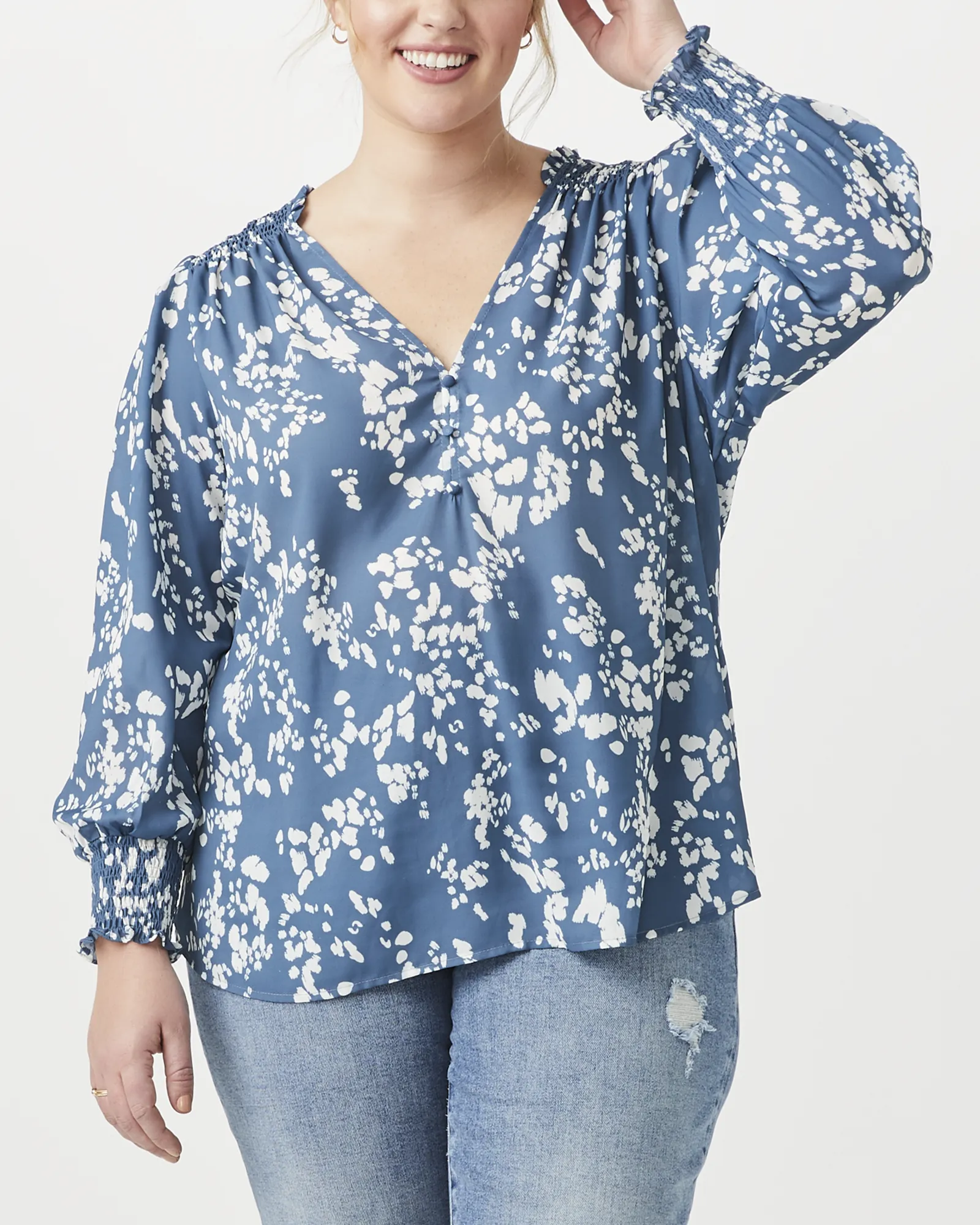 Adaline V-Neck Blouse | Azure Blue / White