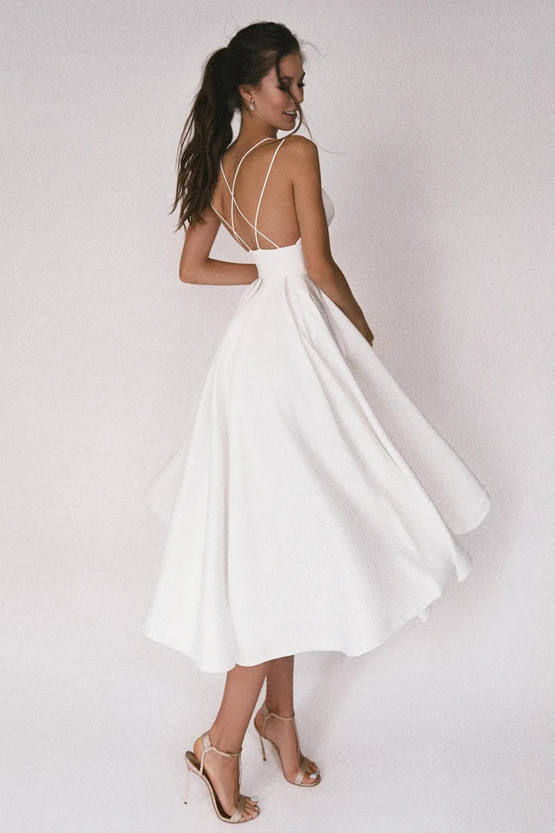 Aisle Soft White Satin Midi Dress