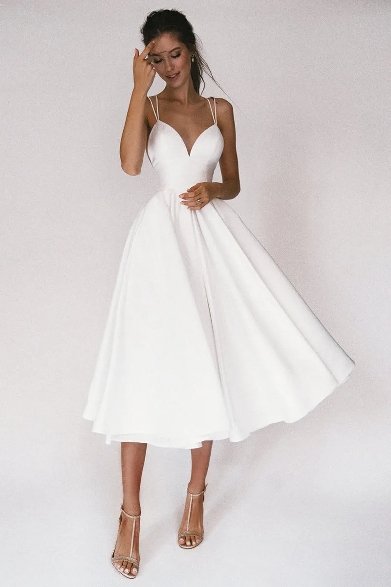 Aisle Soft White Satin Midi Dress