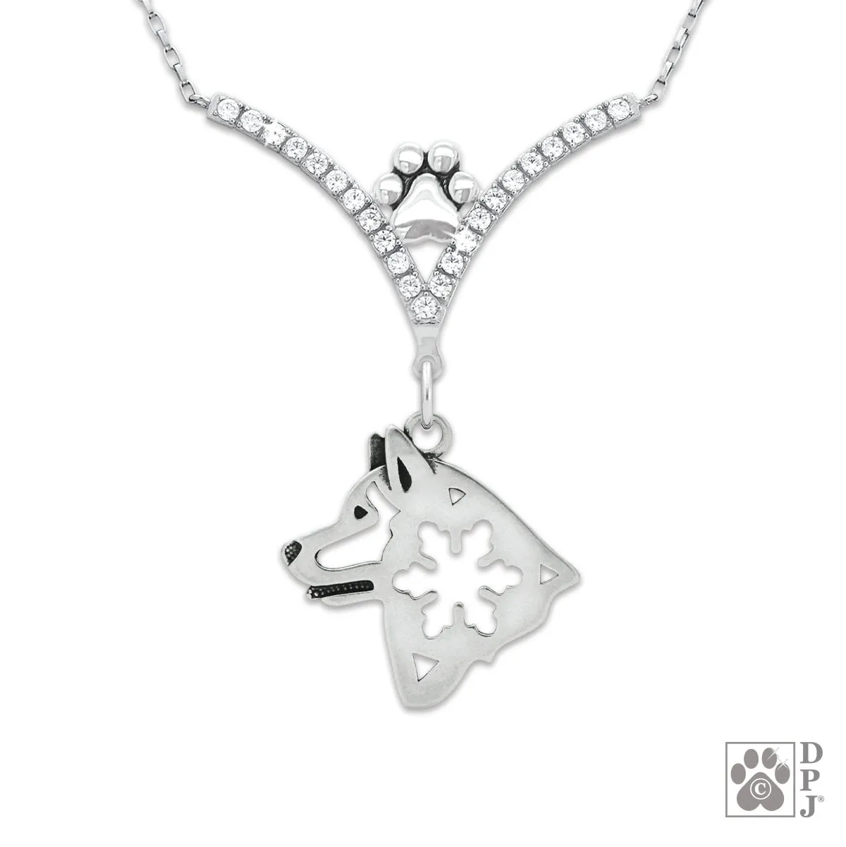 Alaskan Malamute w/Snowflake VIP  CZ Necklace, Head