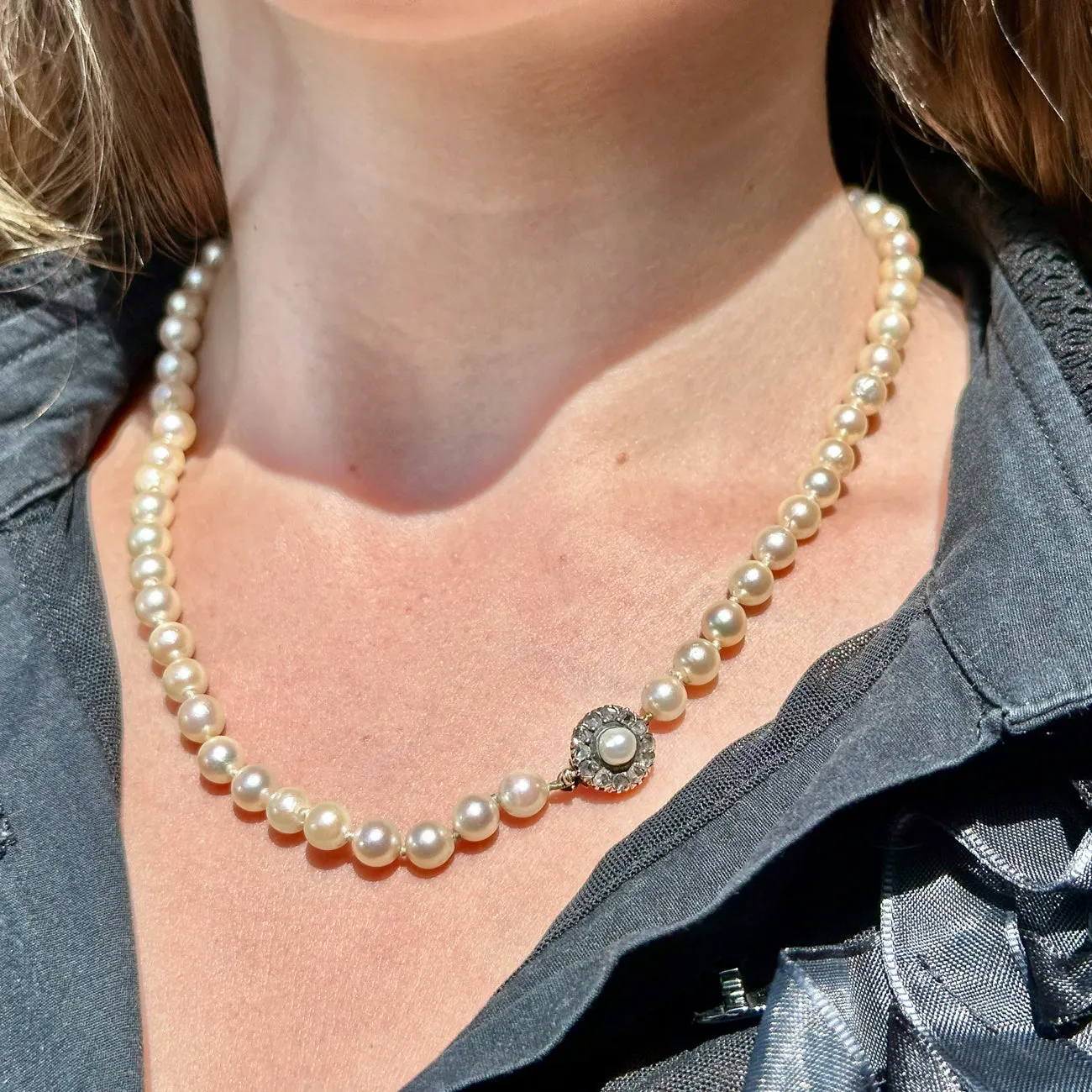 Antique Edwardian Pearl Necklace With Georgian Diamond Clasp