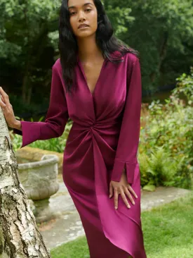 Berry Satin Twist Front Shirt Dress