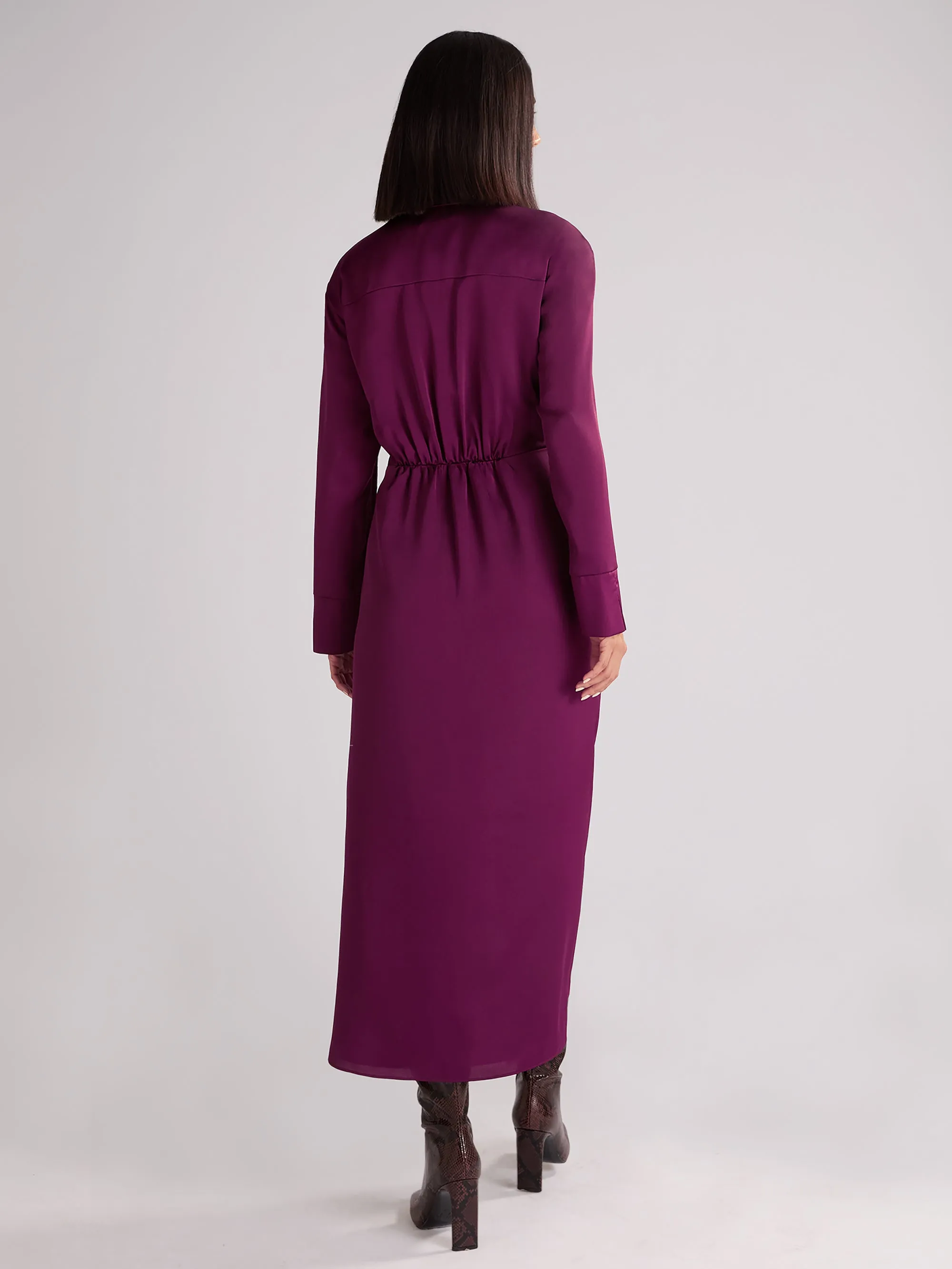 Berry Satin Twist Front Shirt Dress