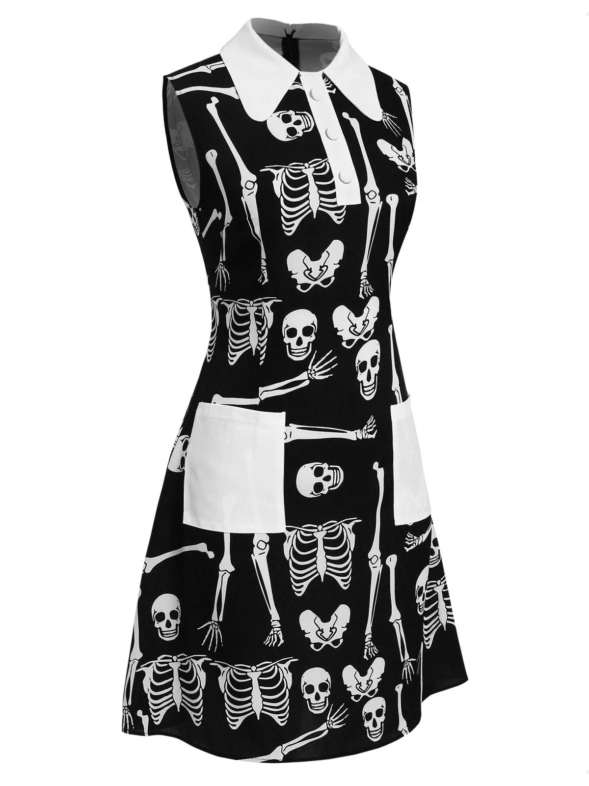 Black 1960s Halloween Skeleton Lapel Mod Dress