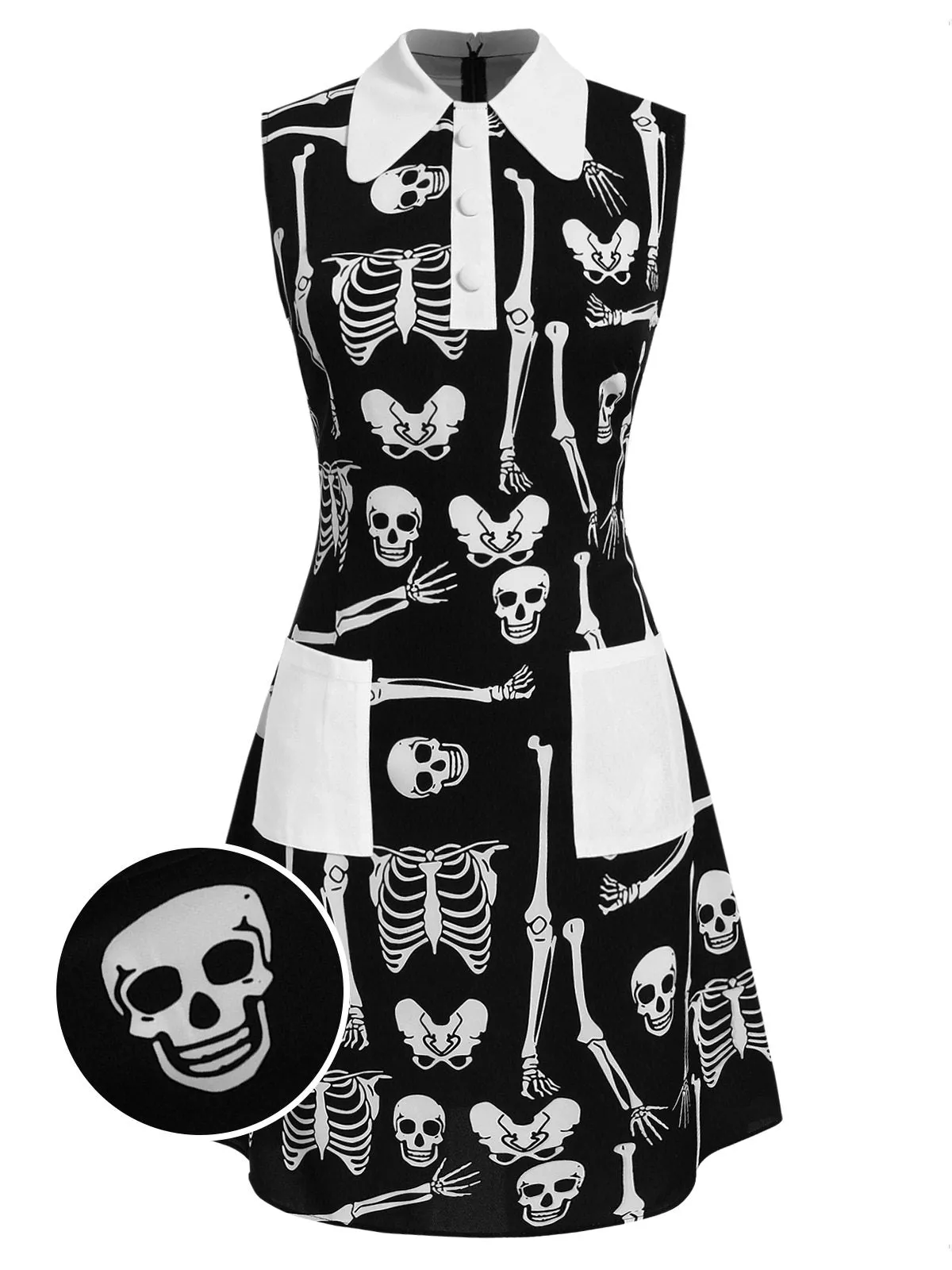 Black 1960s Halloween Skeleton Lapel Mod Dress