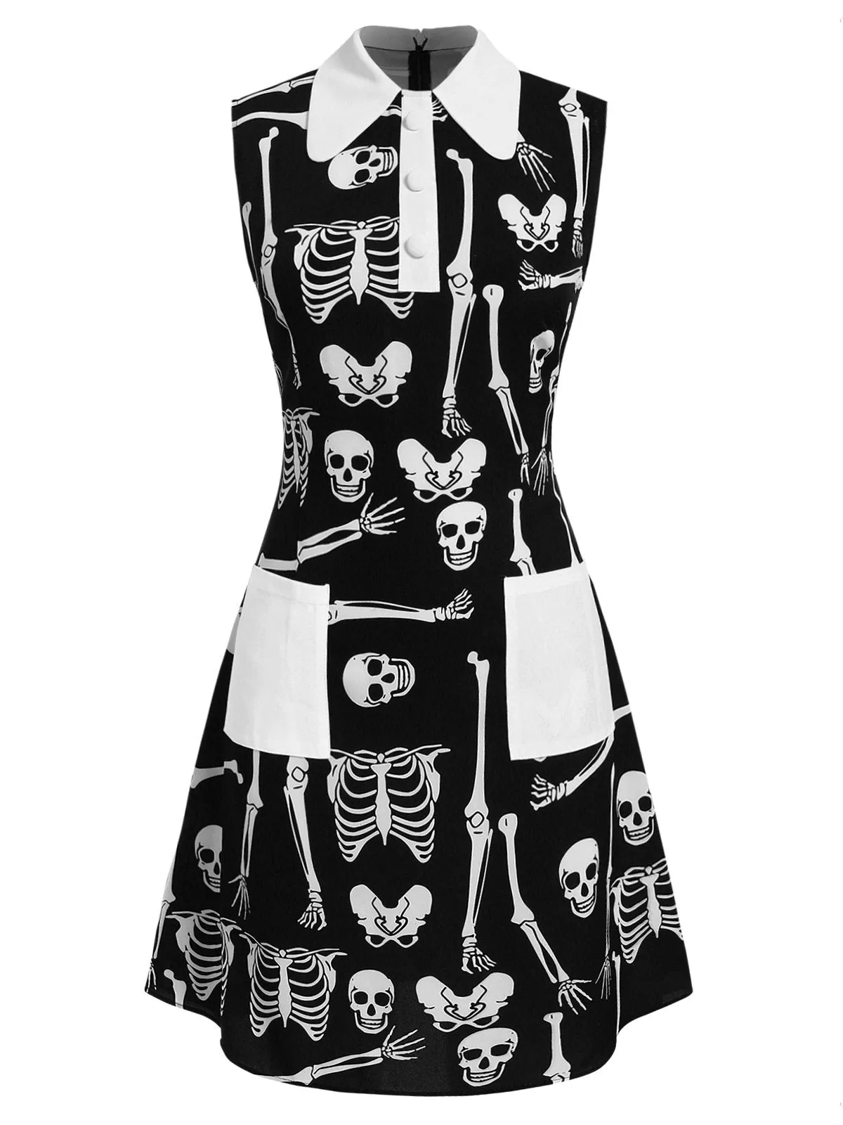 Black 1960s Halloween Skeleton Lapel Mod Dress