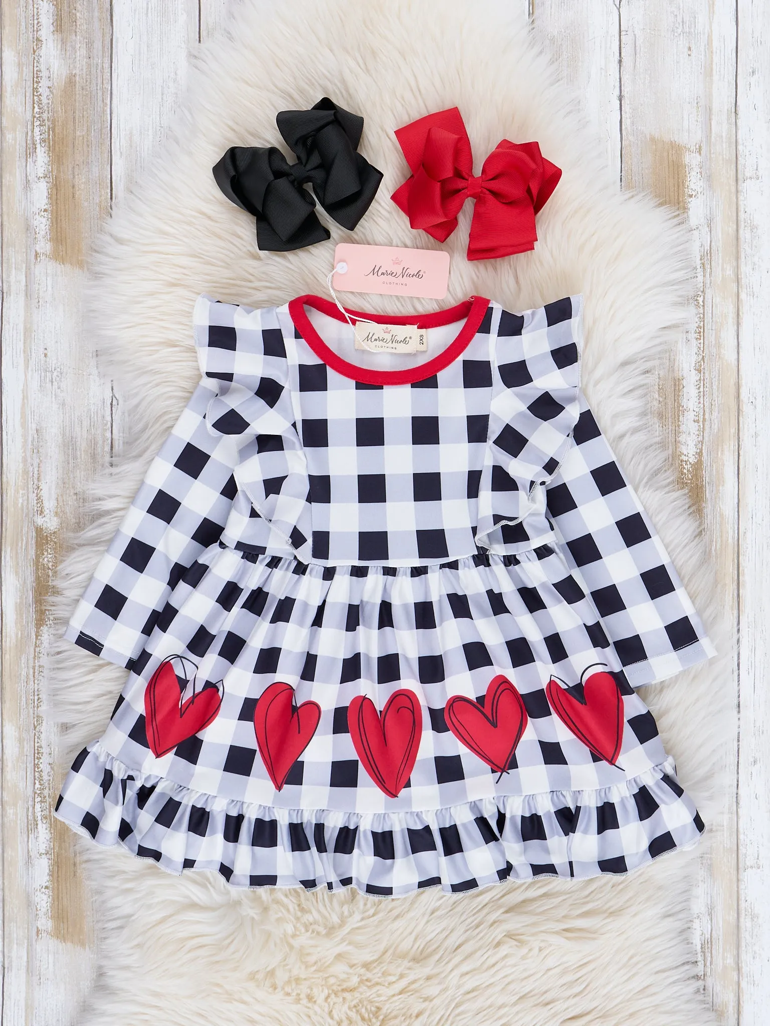 Black & White Gingham Hearts Ruffle Dress