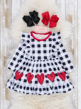 Black & White Gingham Hearts Ruffle Dress