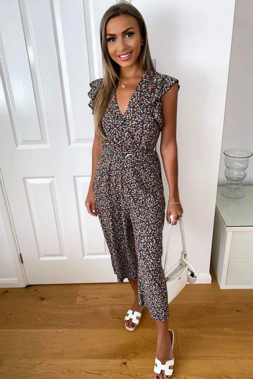 Black Floral Wrap Jumpsuit