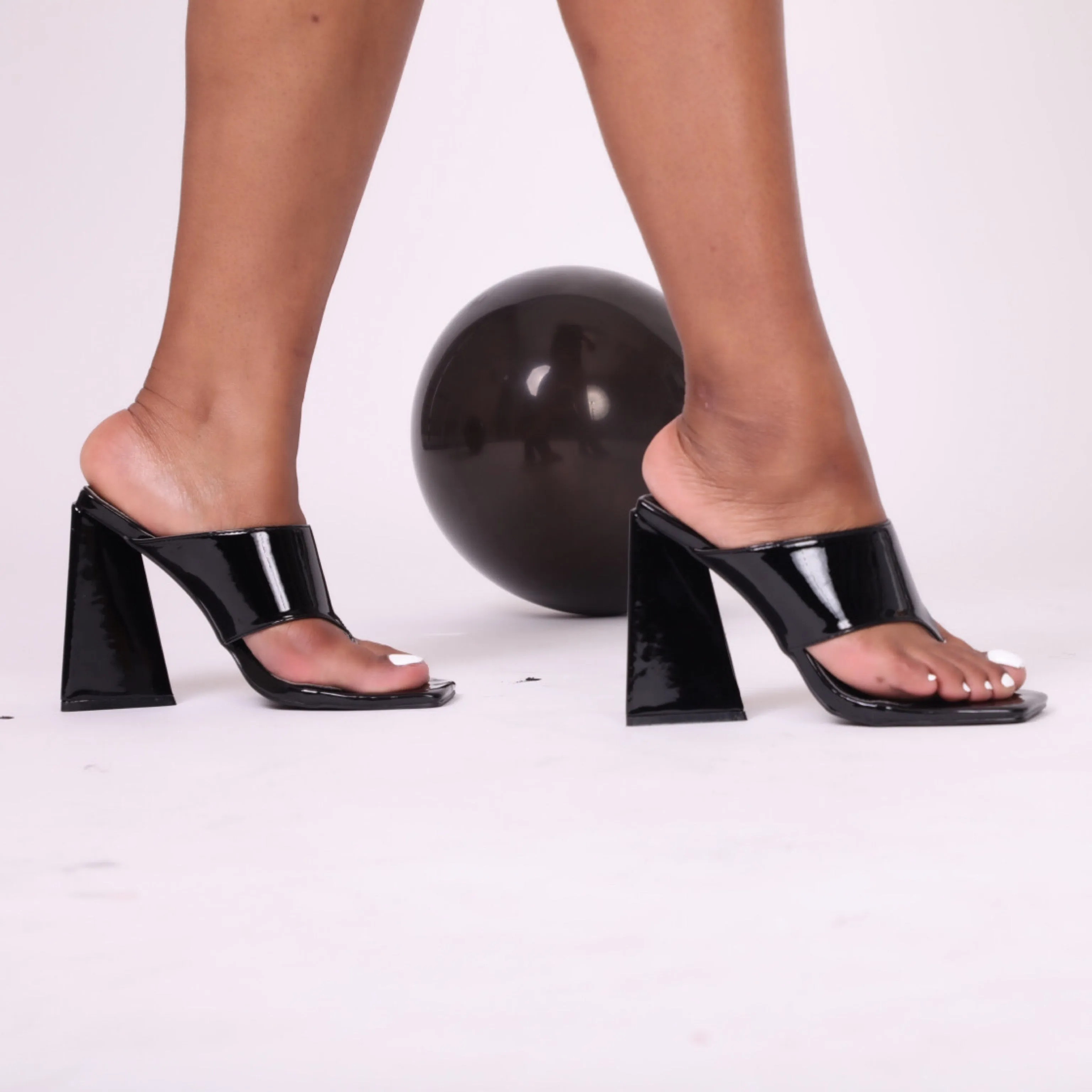 Black Patent Square Toe Sculptured Flared Block Heel Mules