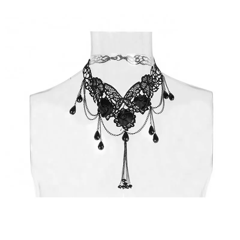 Black Rose Embroidery Gothic Necklace