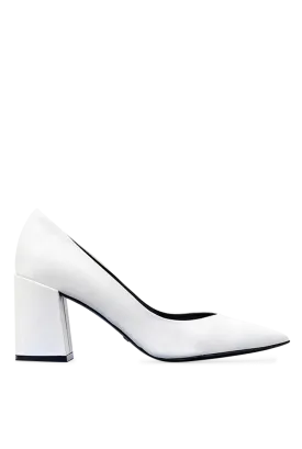 Block Heel White Leather Pumps