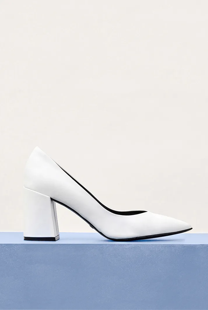 Block Heel White Leather Pumps