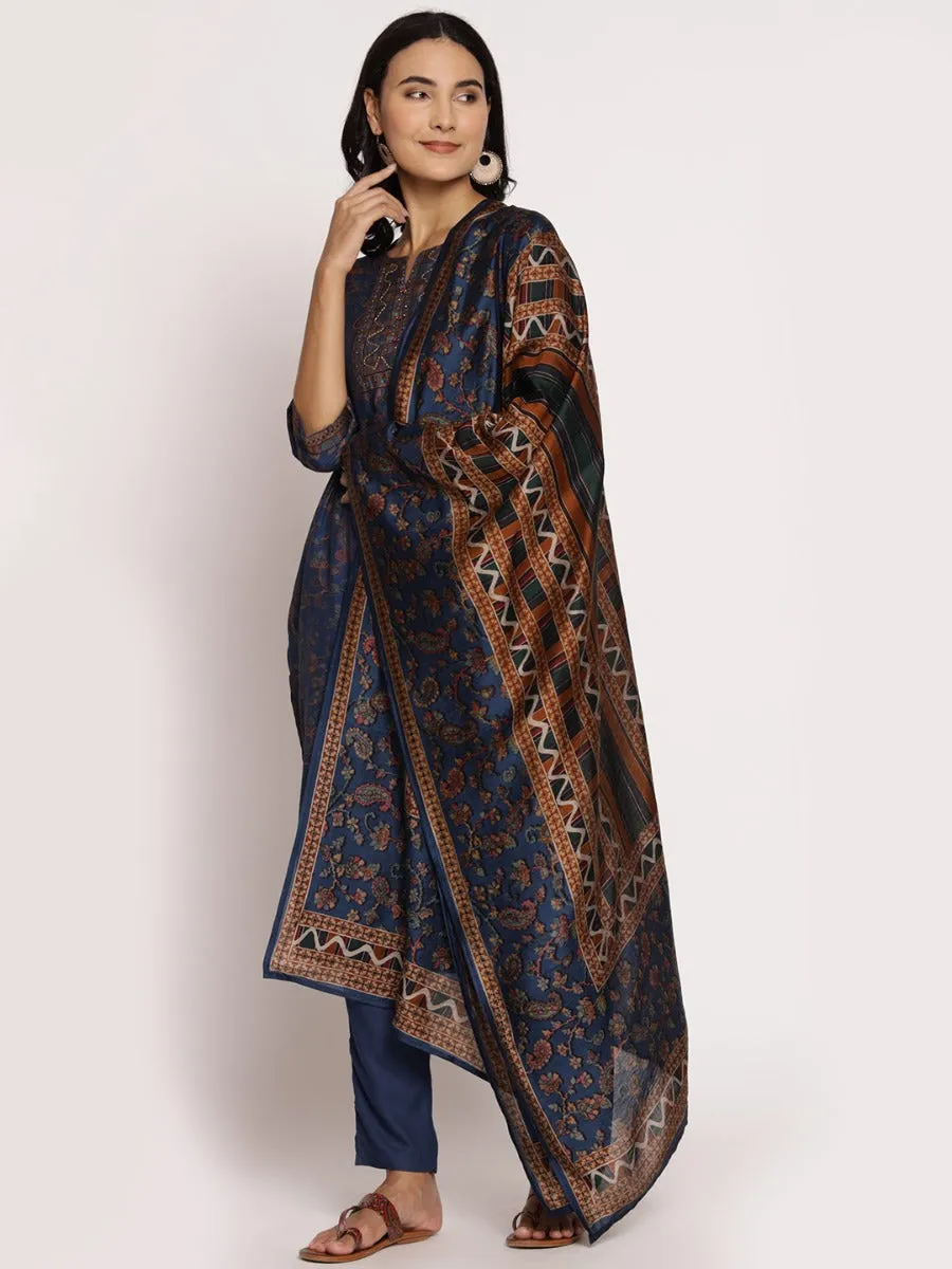 Blue Floral Printed Kurta Trouser Dupatta