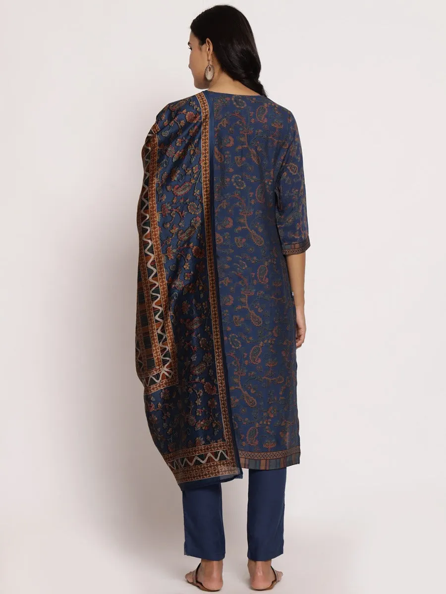 Blue Floral Printed Kurta Trouser Dupatta