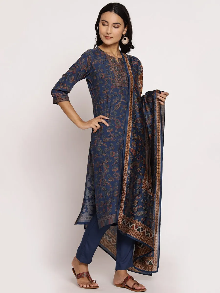 Blue Floral Printed Kurta Trouser Dupatta