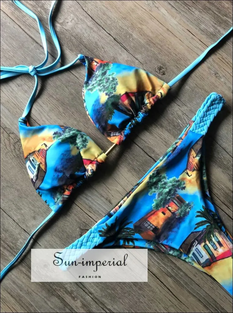 Blue Tropical Print Bikini Set Women’s Swimming Suit Halter Drawstring Bathing Suit