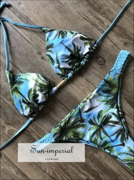 Blue Tropical Print Bikini Set Women’s Swimming Suit Halter Drawstring Bathing Suit