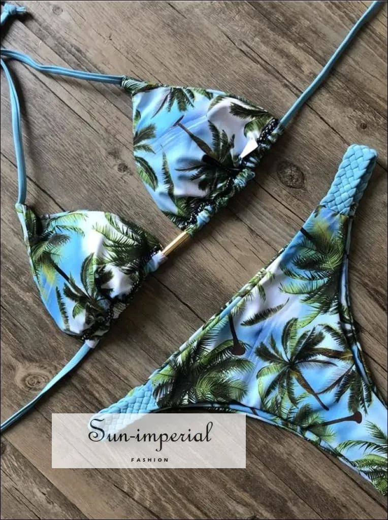 Blue Tropical Print Bikini Set Women’s Swimming Suit Halter Drawstring Bathing Suit