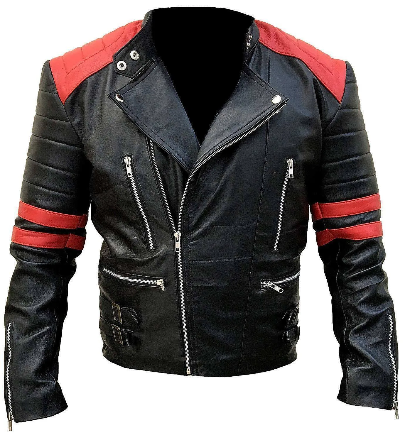 Brando Men's Black & Red Padded Power Shoulders Biker Genuine Leather Jacket