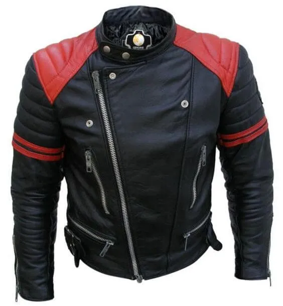 Brando Men's Black & Red Padded Power Shoulders Biker Genuine Leather Jacket