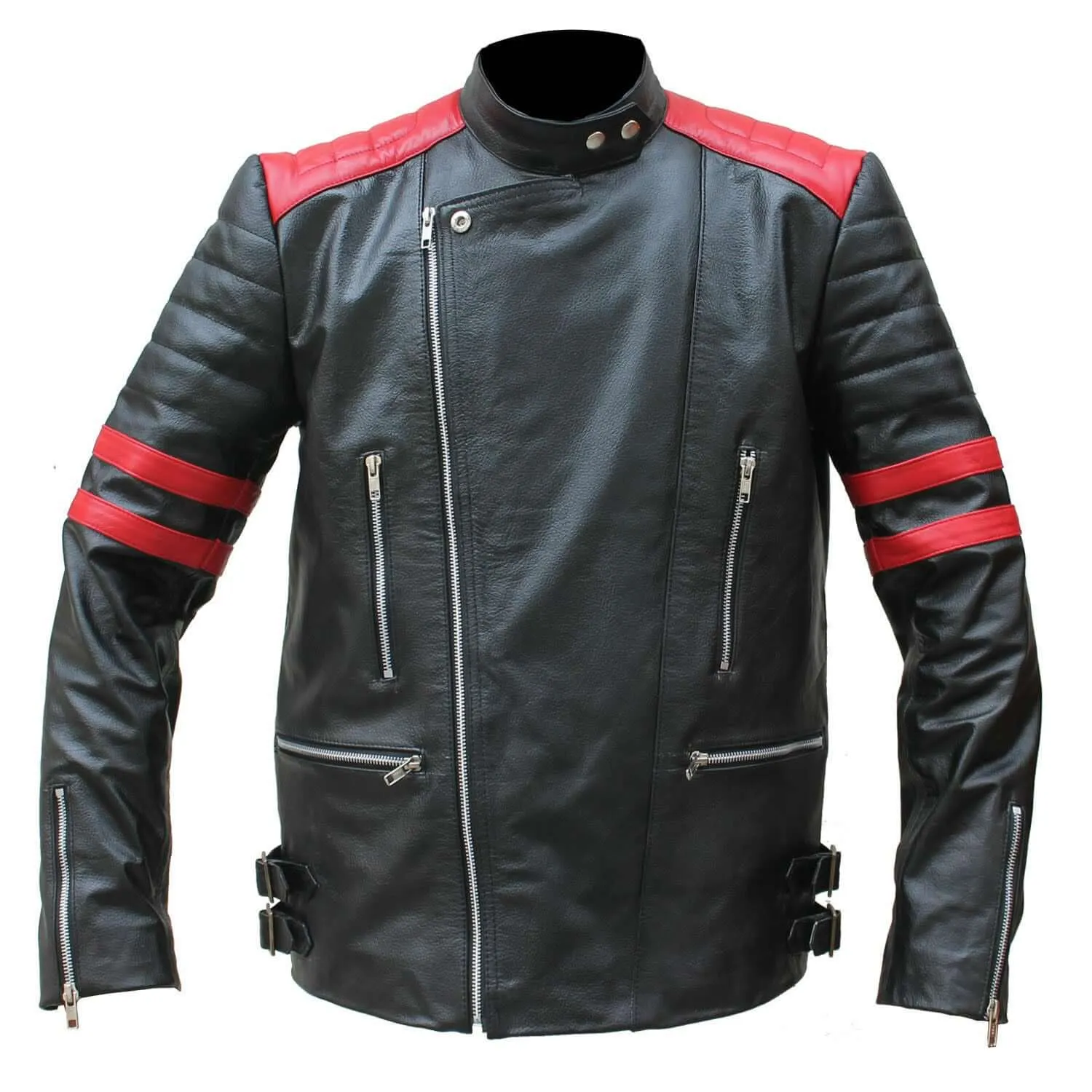 Brando Men's Black & Red Padded Power Shoulders Biker Genuine Leather Jacket