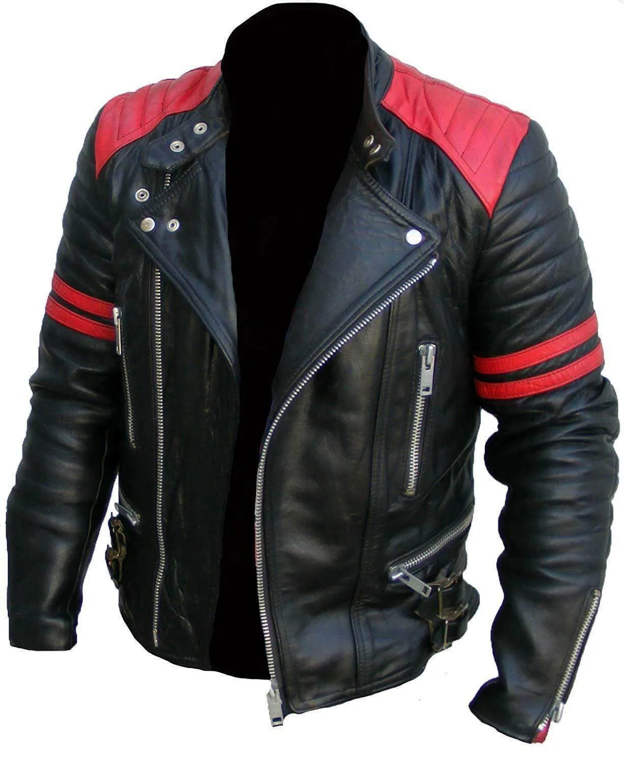 Brando Men's Black & Red Padded Power Shoulders Biker Genuine Leather Jacket