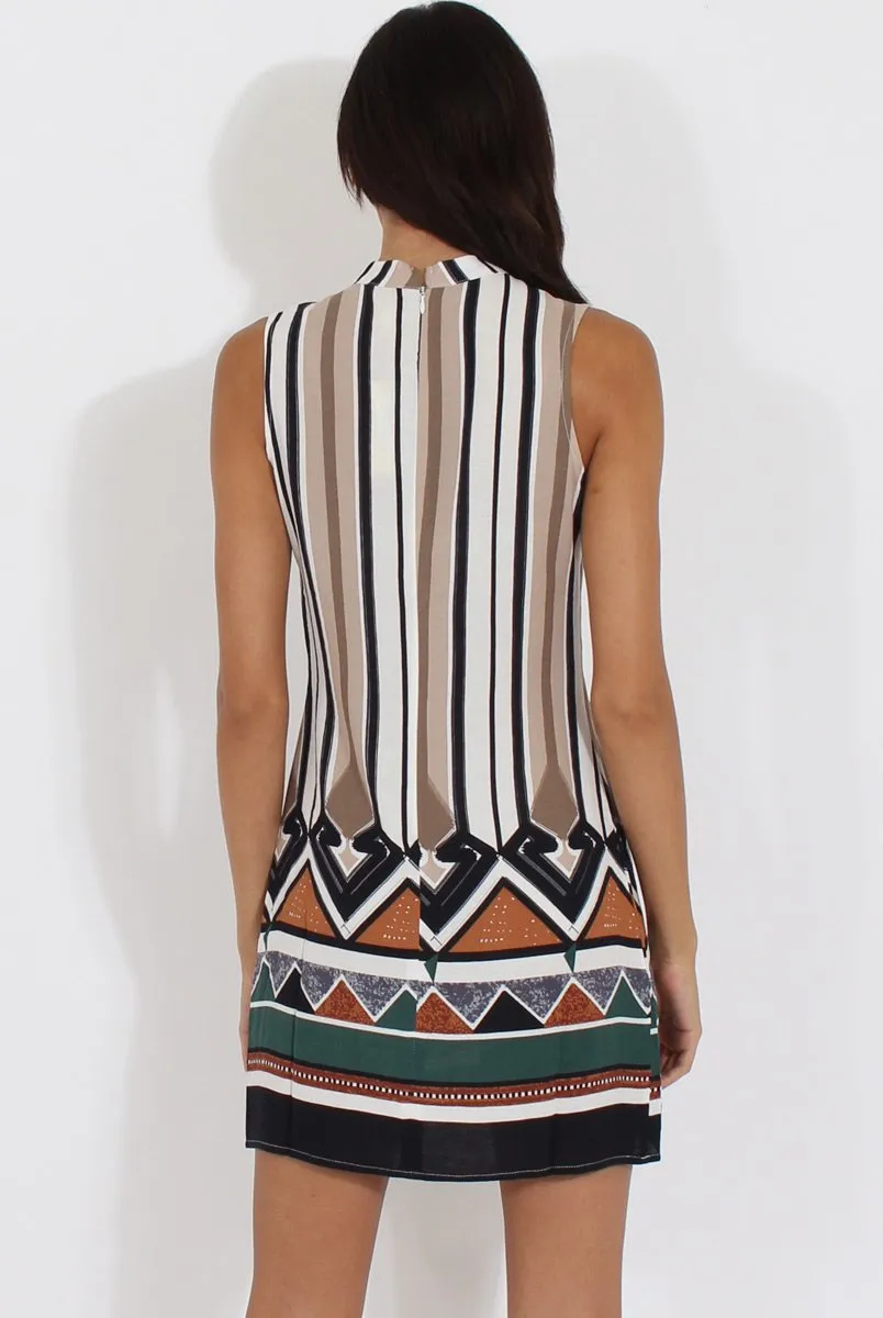 Brown Stripe Geo Border Print Cut Out High Neck Dress - Perla