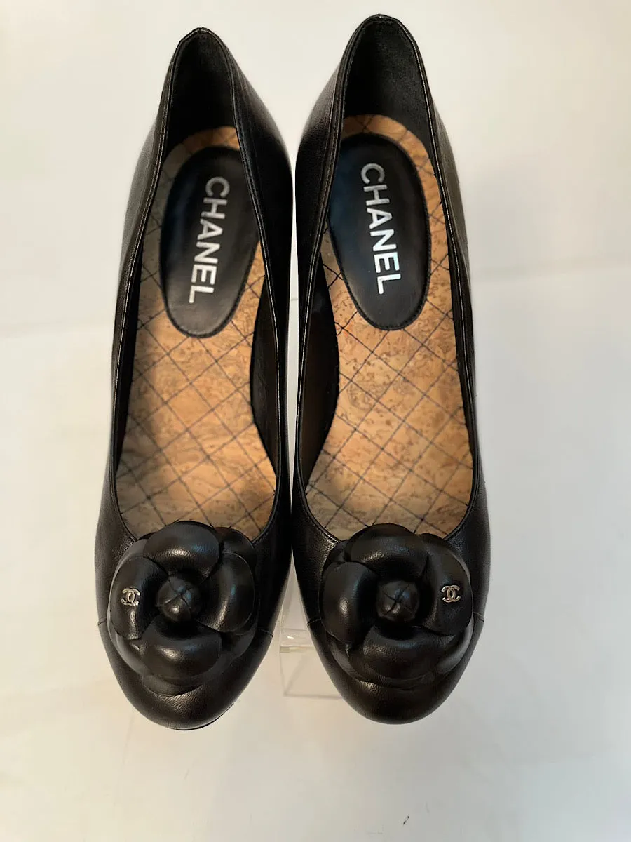 Chanel 14C 2014 Cruise Resort black leather camellia cork heel wedges EU 38C US 7.5B/8