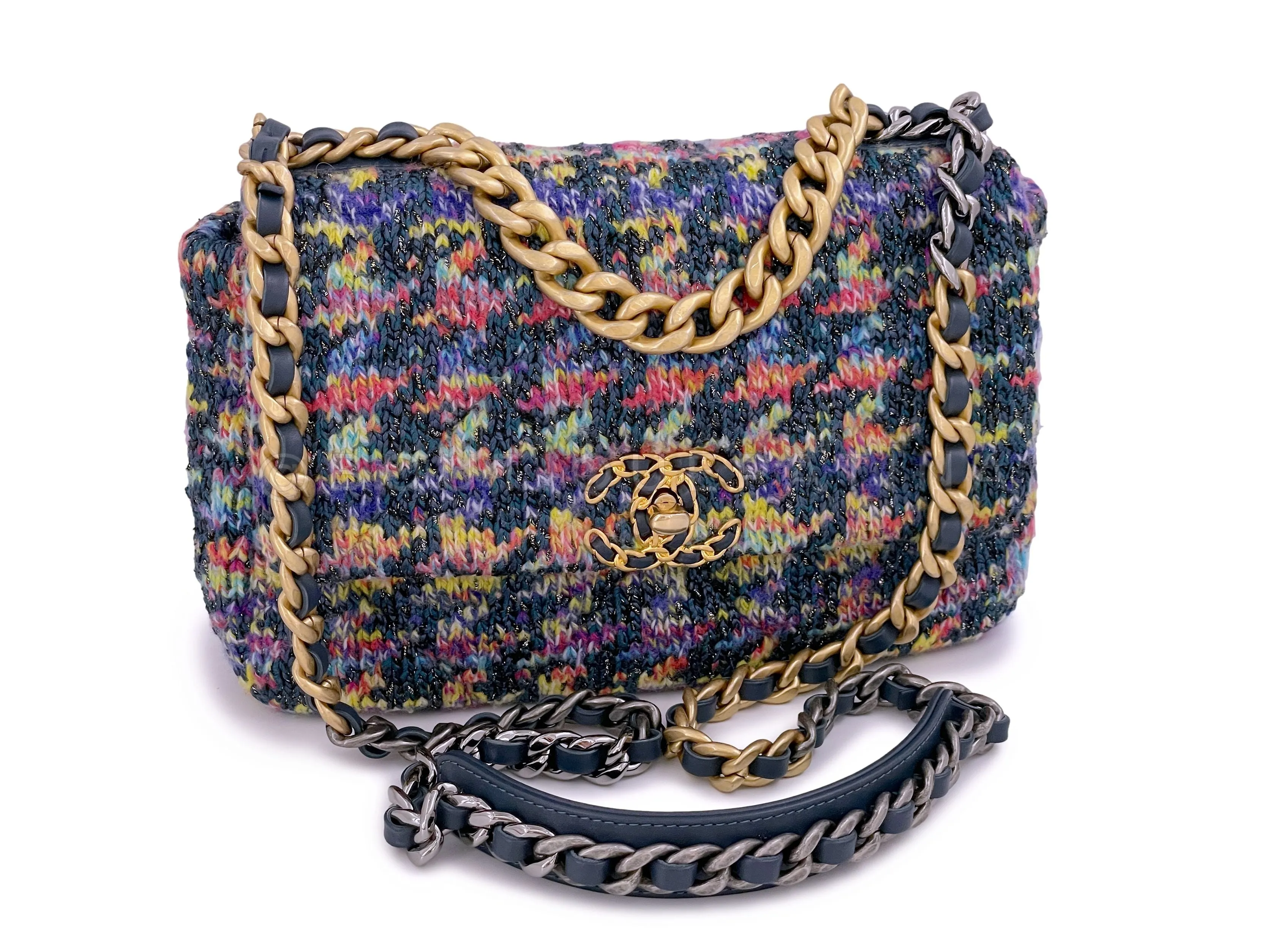 Chanel 19 Rainbow Houndstooth Tweed Wool Flap Bag Small