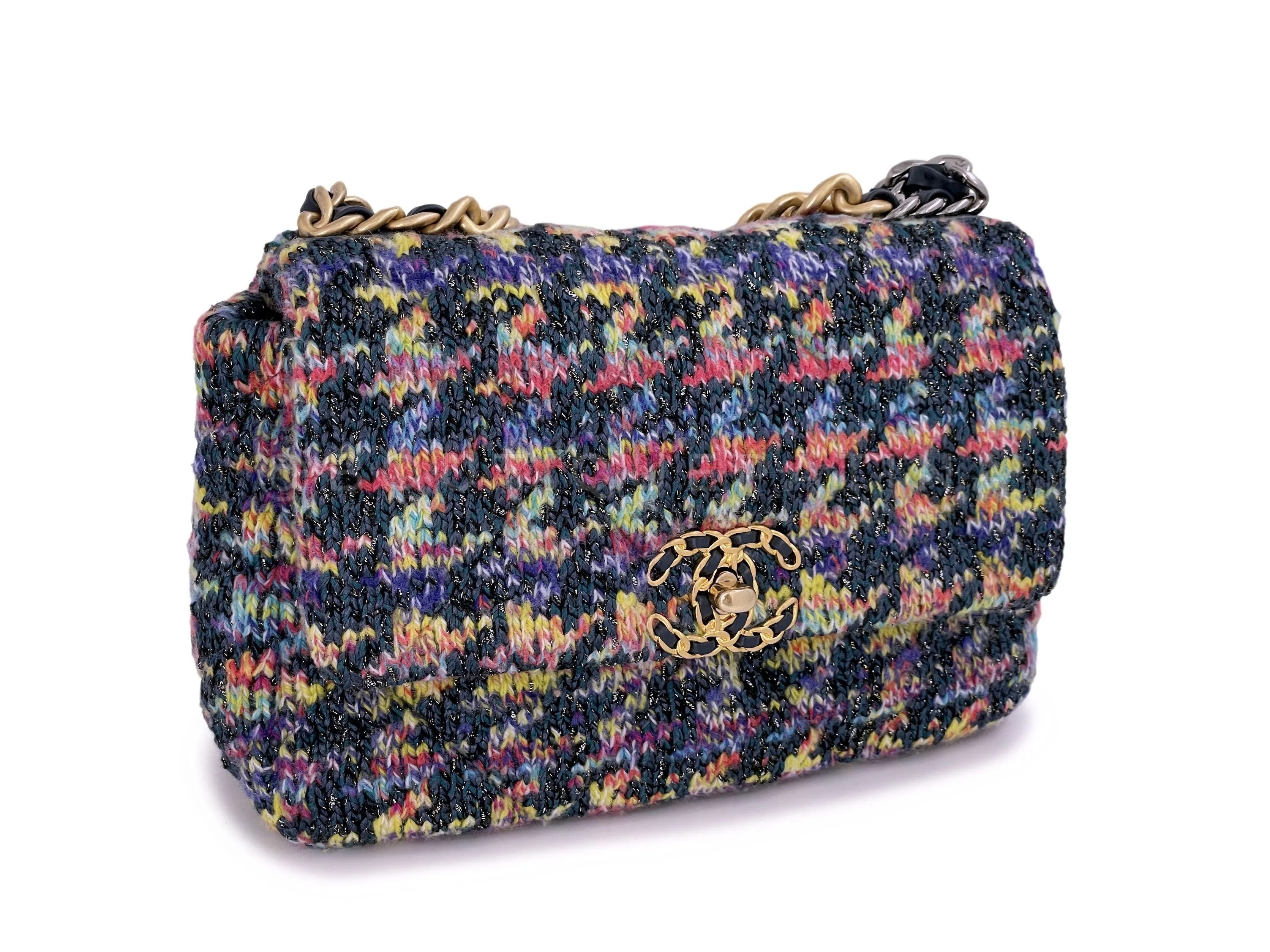 Chanel 19 Rainbow Houndstooth Tweed Wool Flap Bag Small