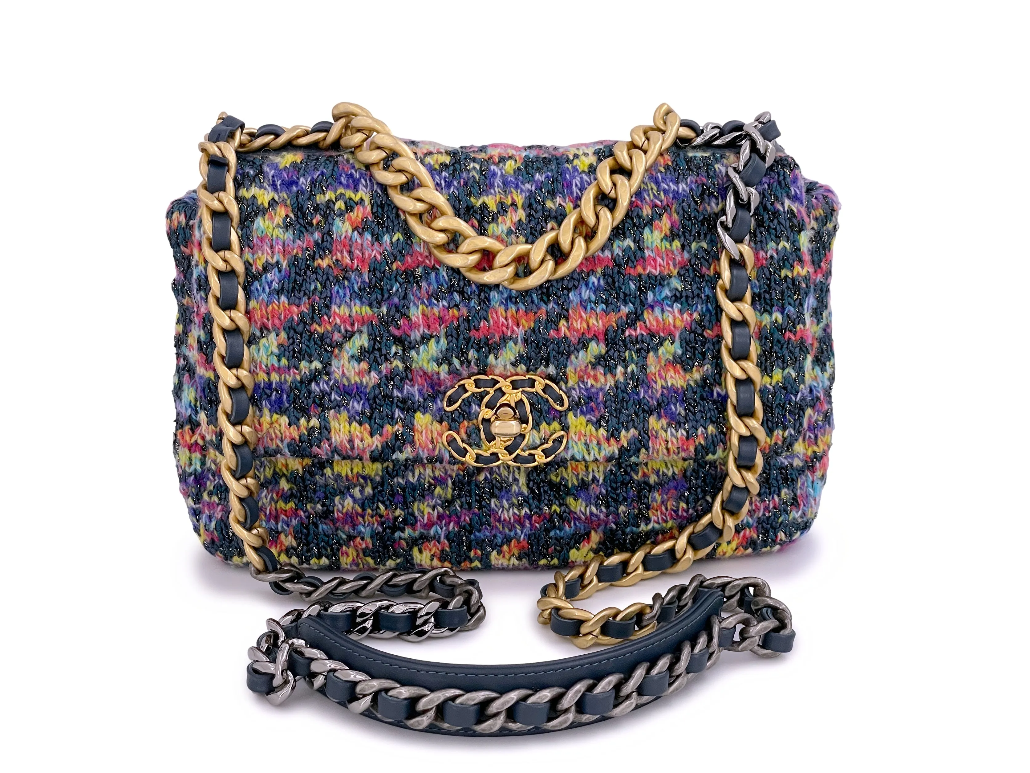 Chanel 19 Rainbow Houndstooth Tweed Wool Flap Bag Small