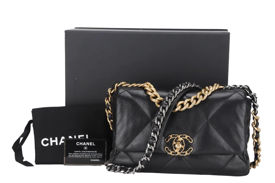 CHANEL 19 SMALL BLACK SHINY LAMBSKIN (3091XXXX) WITH GOLD-TONE, SILVER-TONE & RUTHENIUM HARDWARE, WITH CARD & DUST COVER